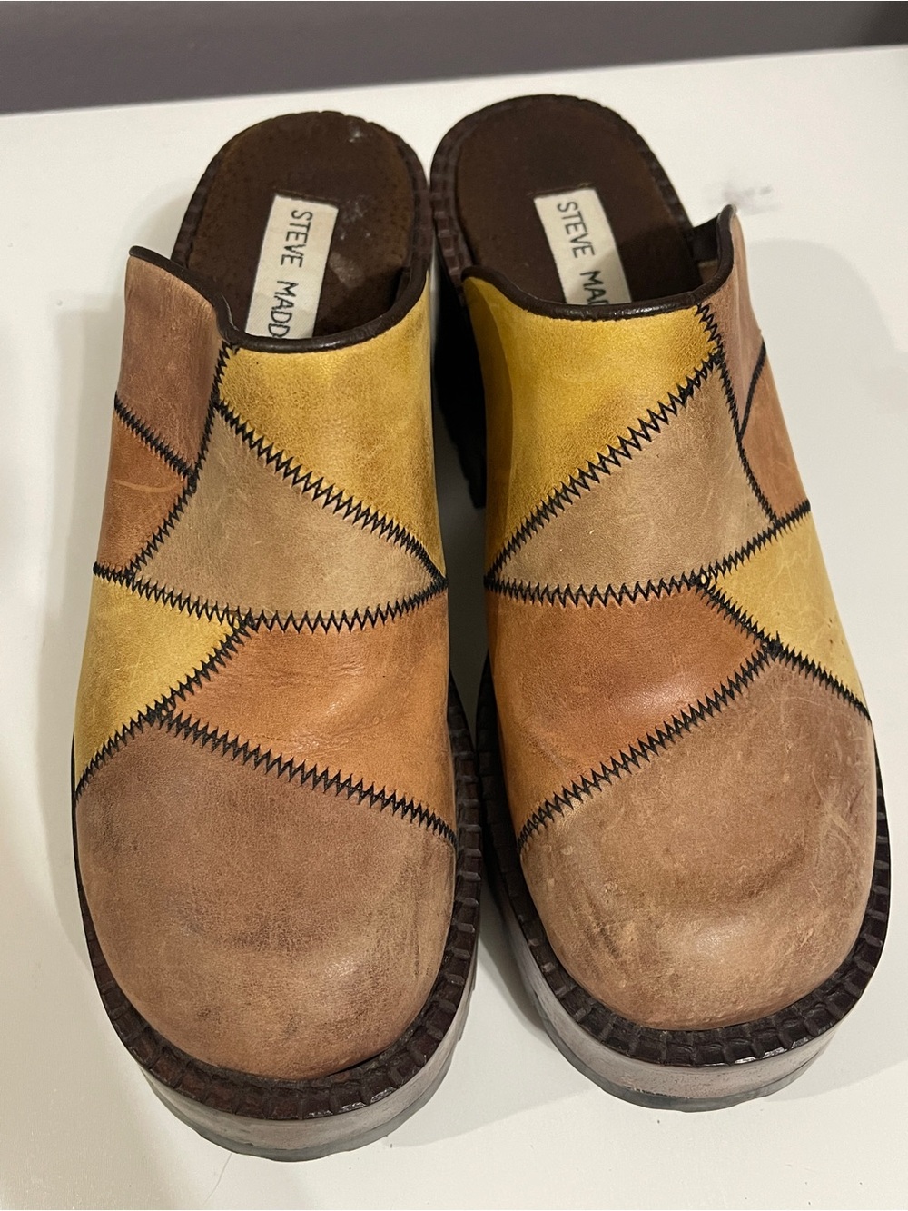 Y2K VTG Steve Madden Brown Leather Patchwork Platform Clog Mules - Picture 8 of 11